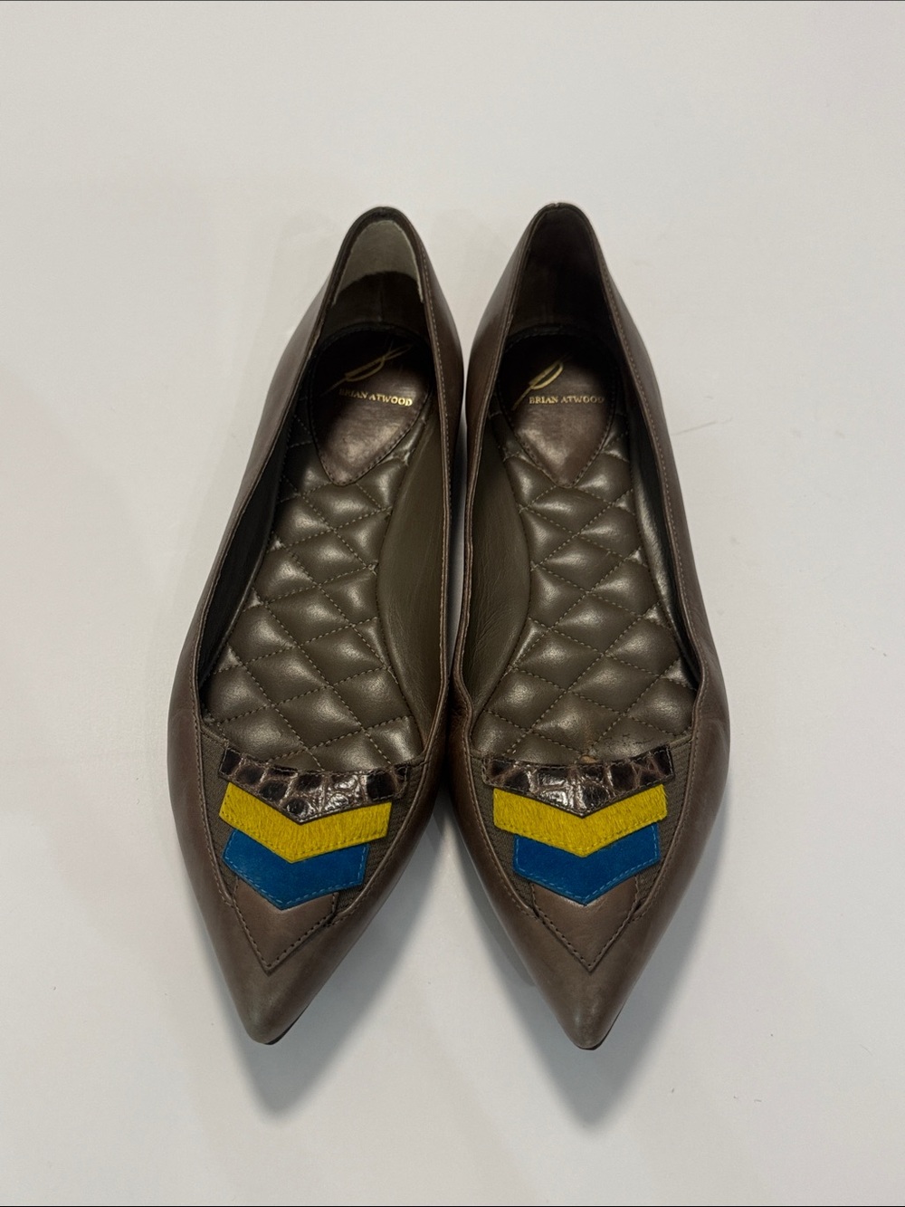 Brain Atwood Pointed Toe Leather Flats with Blue & Yellow Accent Size 6